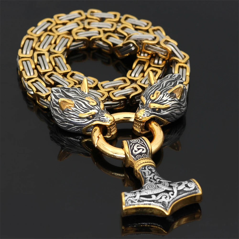Mjolnir and Twin Wolf Heads King Chain Necklace – Stainless Steel