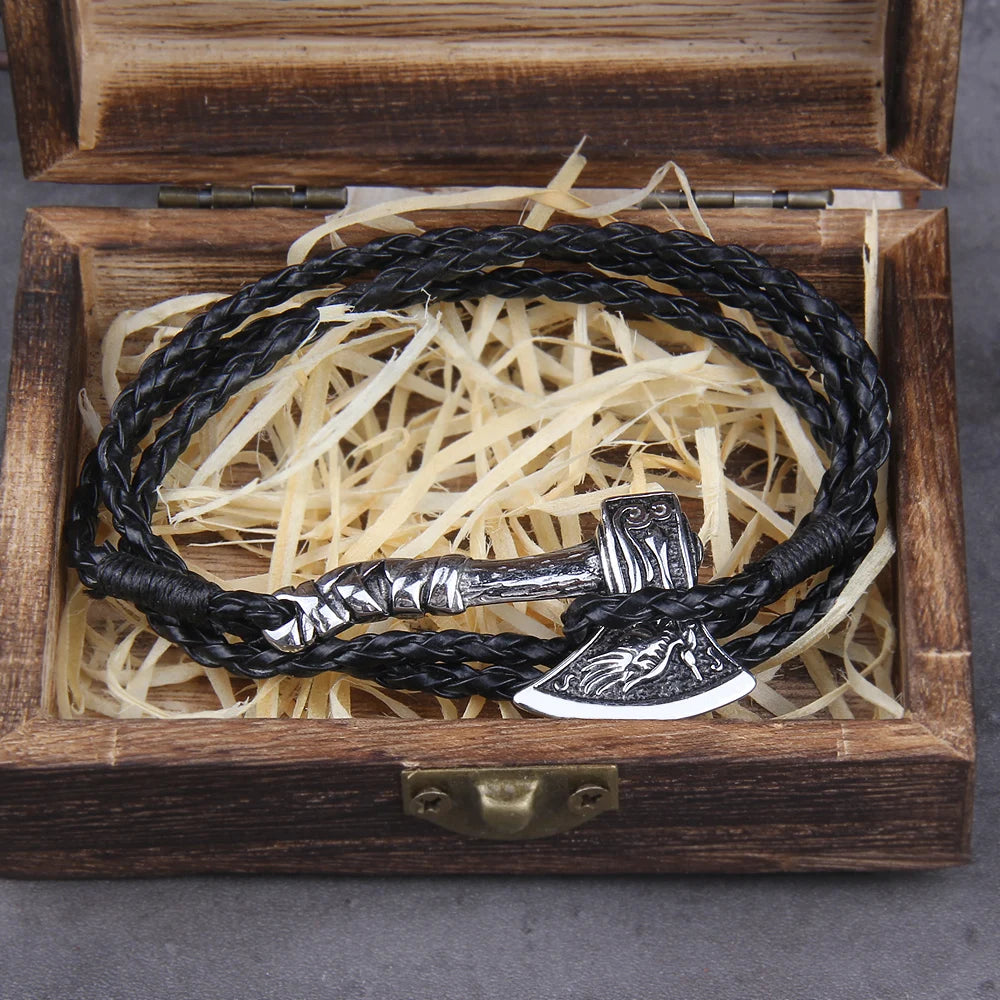 Viking Axe Wrap Bracelet – Braided Leather or Twisted Cord