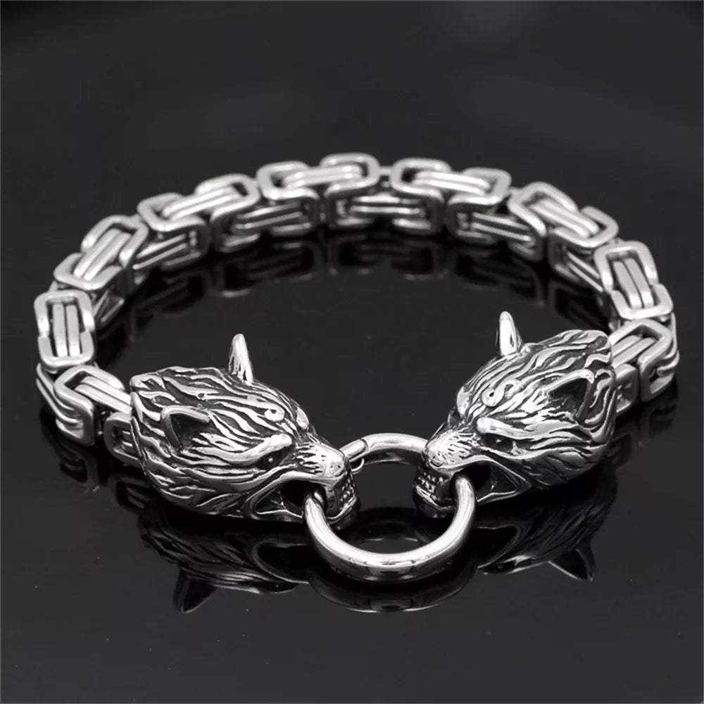 Norse Wolf Head Bracelet – Stainless Steel Byzantine Chain