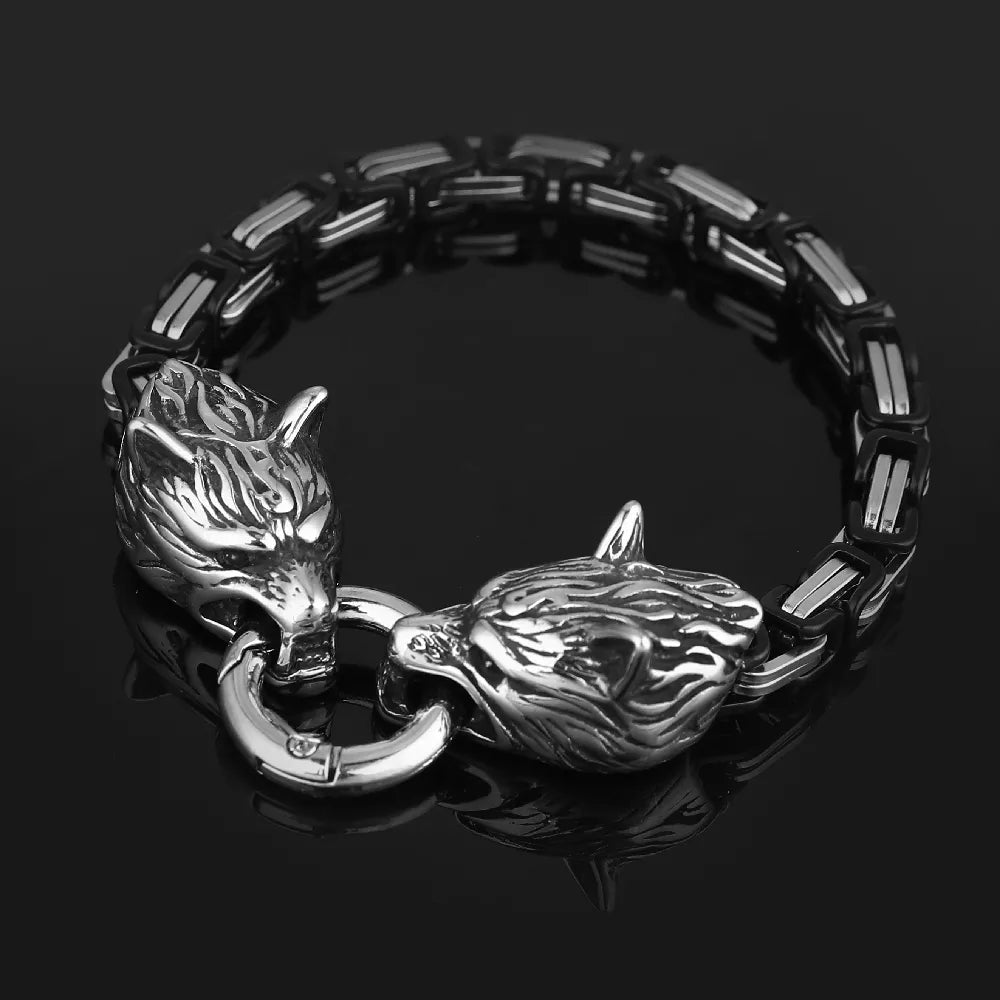 Norse Wolf Head Bracelet – Stainless Steel Byzantine Chain