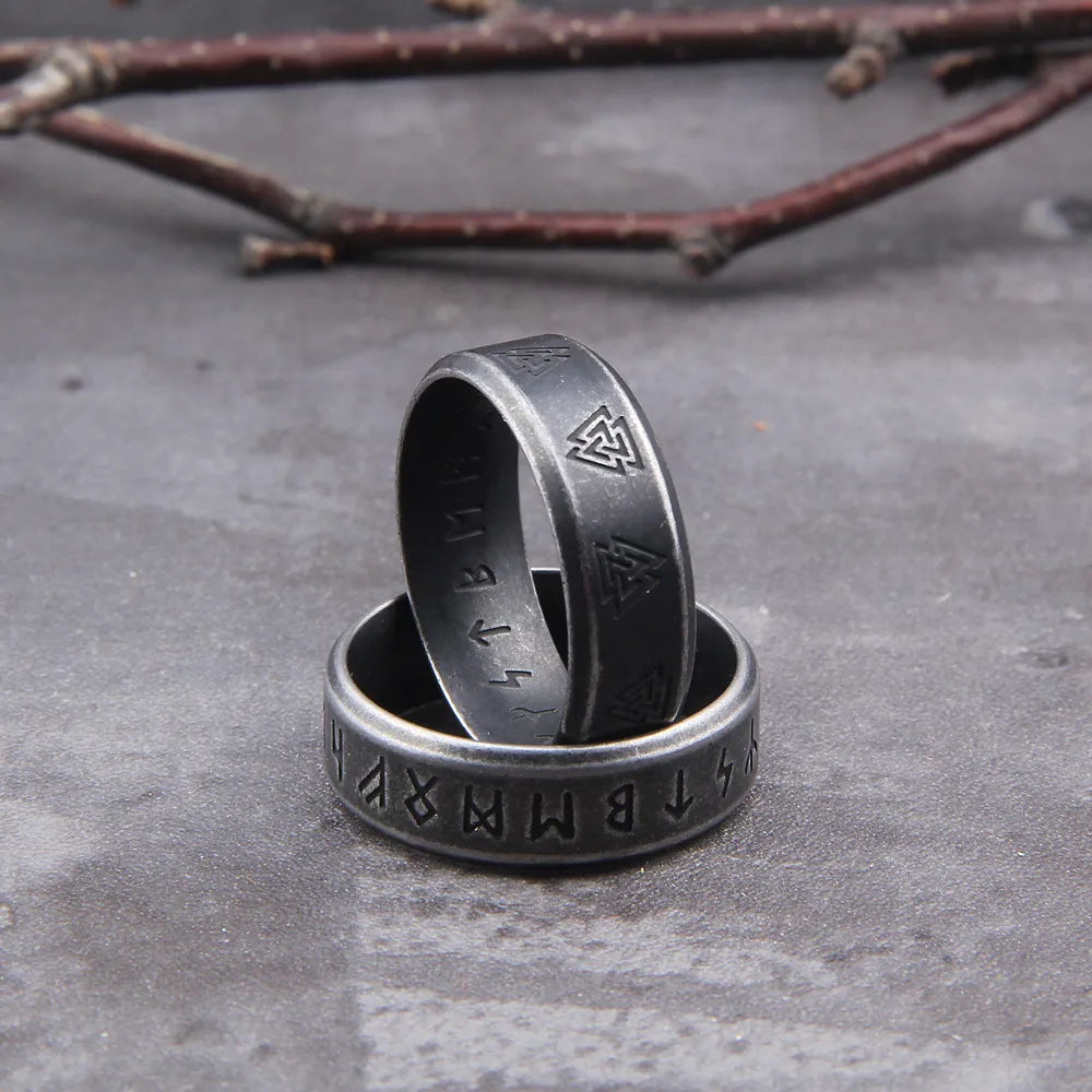 Norse Rune and Valknut Band Ring – 316L Stainless Steel