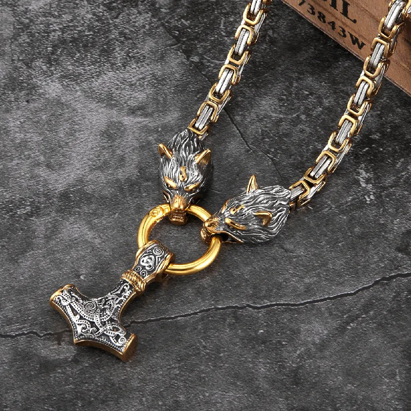 Mjolnir and Twin Wolf Heads King Chain Necklace – Stainless Steel