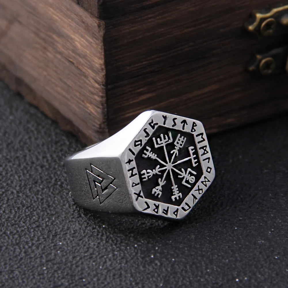 Vegvisir and Helm of Awe Signet Ring – Stainless Steel