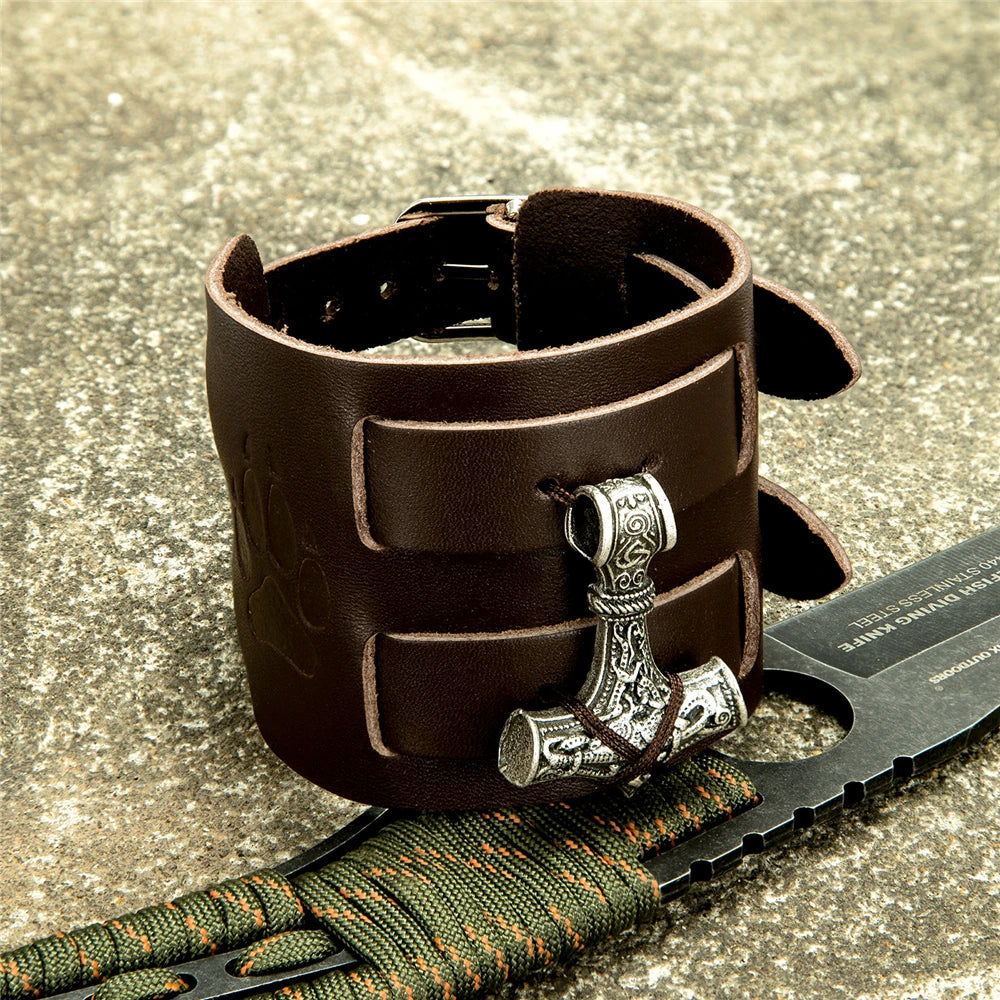 Viking Leather Wrist Bracer – Thor's Hammer Mjolnir