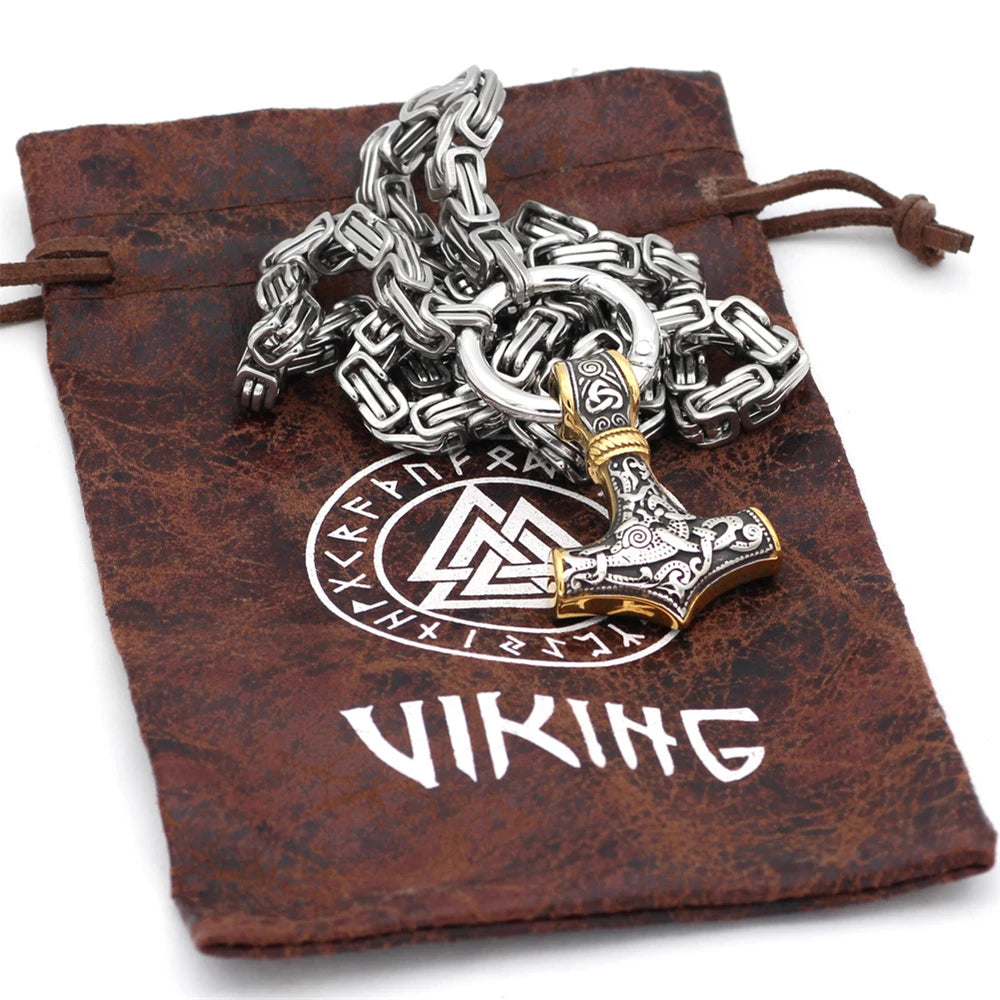 Mjolnir and Twin Wolf Heads King Chain Necklace – Stainless Steel