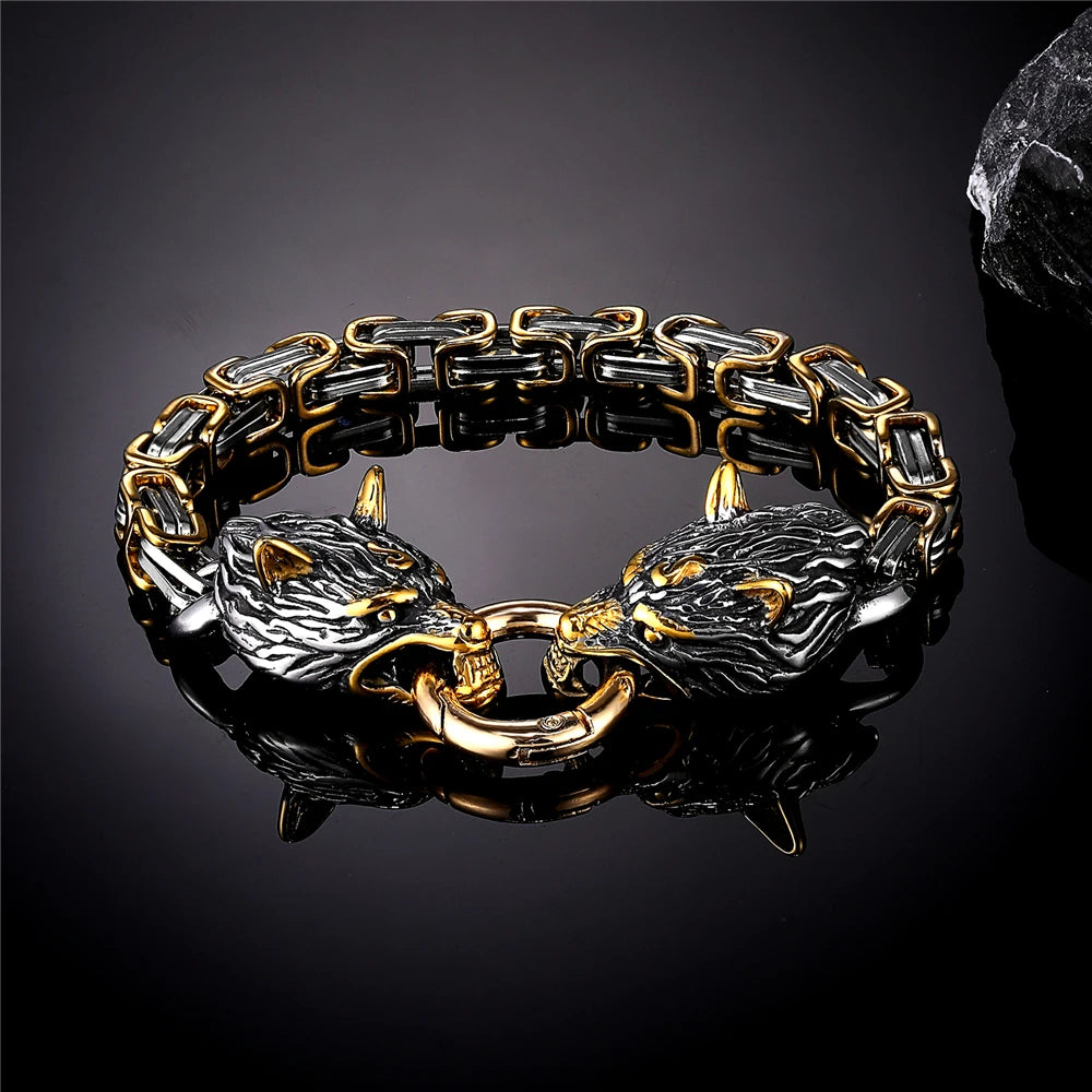 Norse Wolf Head Bracelet – Stainless Steel Byzantine Chain