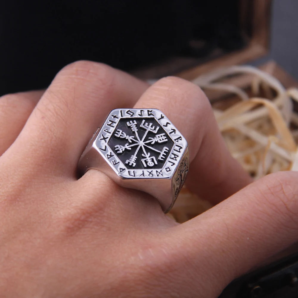 Vegvisir and Helm of Awe Signet Ring – Stainless Steel
