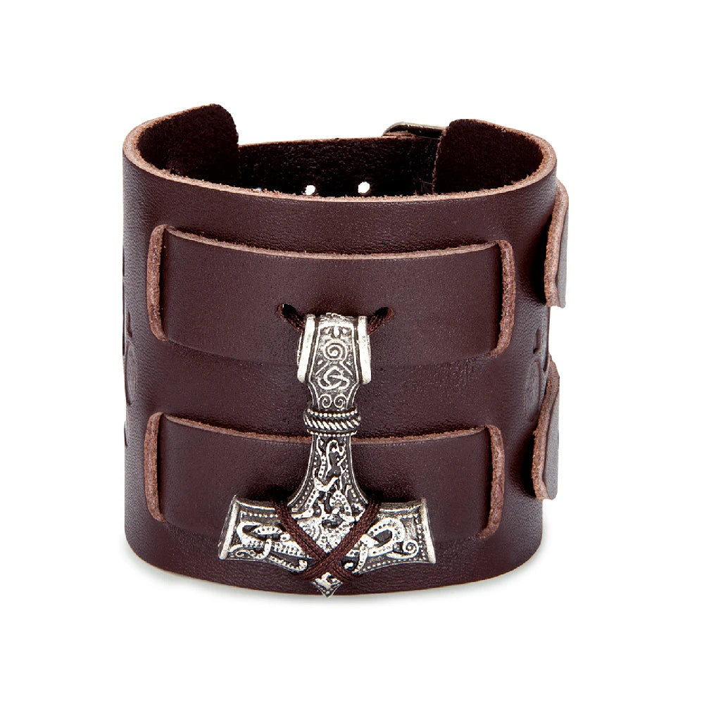 Viking Leather Wrist Bracer – Thor's Hammer Mjolnir