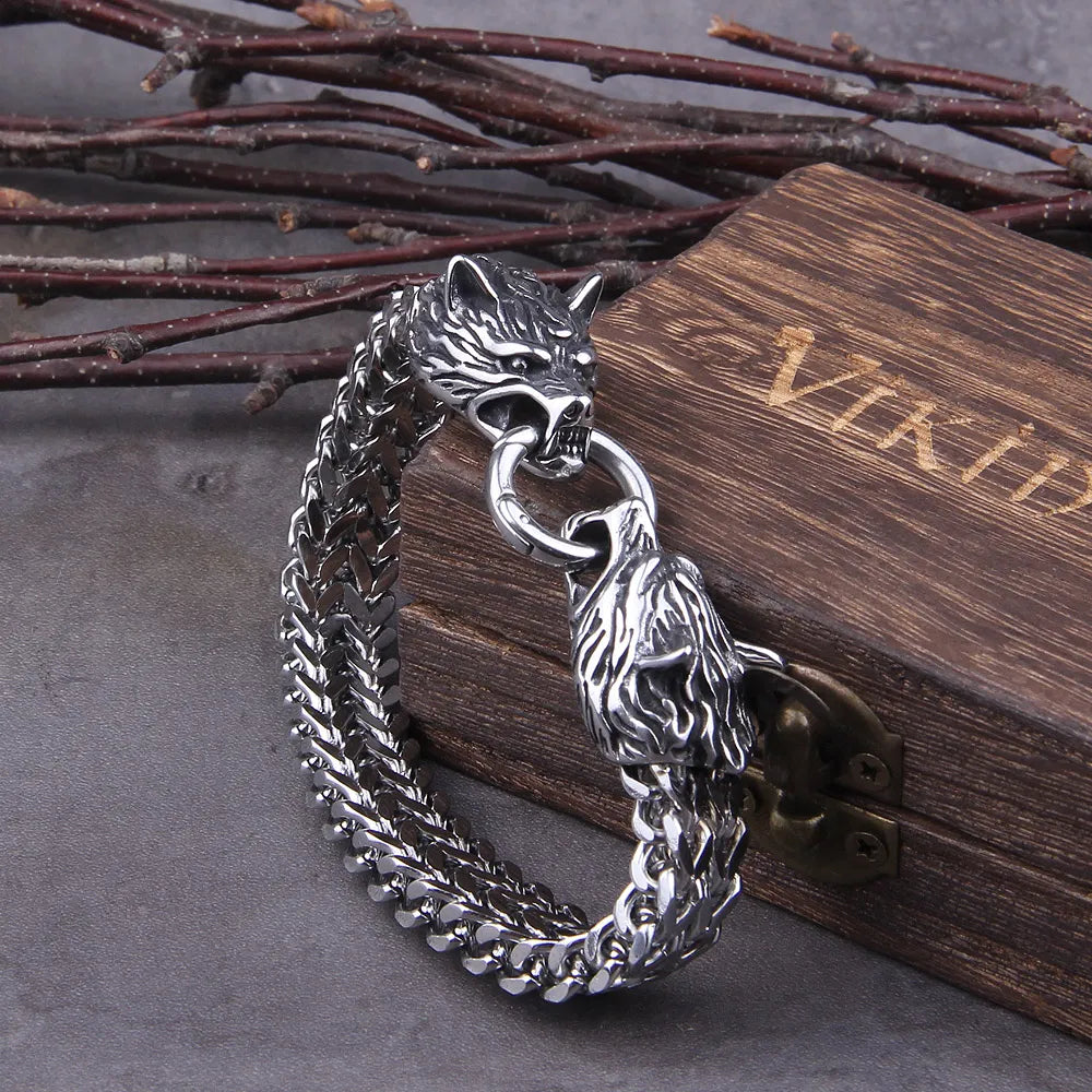 Viking Wolf Head Bracelet – Stainless Steel Franco Chain