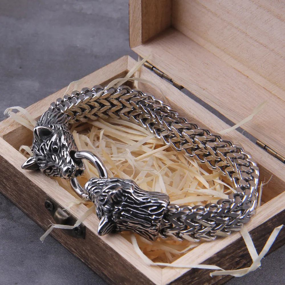 Viking Wolf Head Bracelet – Stainless Steel Franco Chain