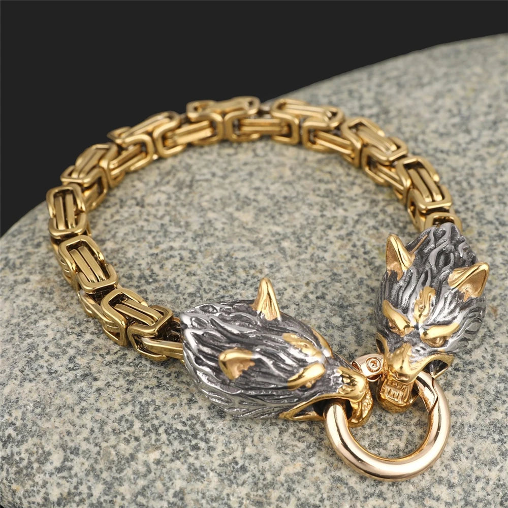 Norse Wolf Head Bracelet – Stainless Steel Byzantine Chain