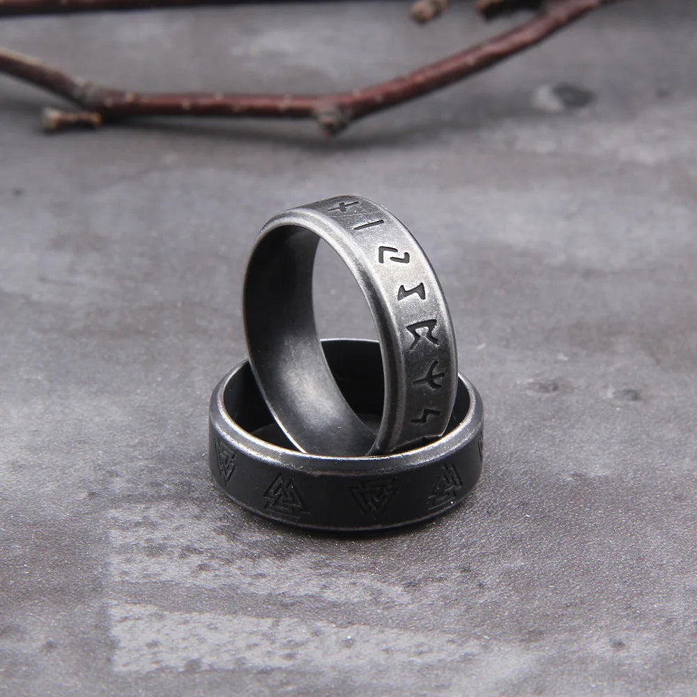 Norse Rune and Valknut Band Ring – 316L Stainless Steel