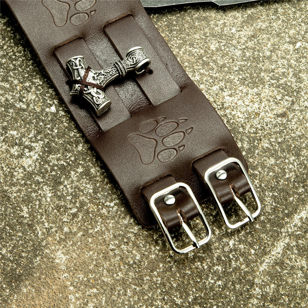 Viking Leather Wrist Bracer – Thor's Hammer Mjolnir