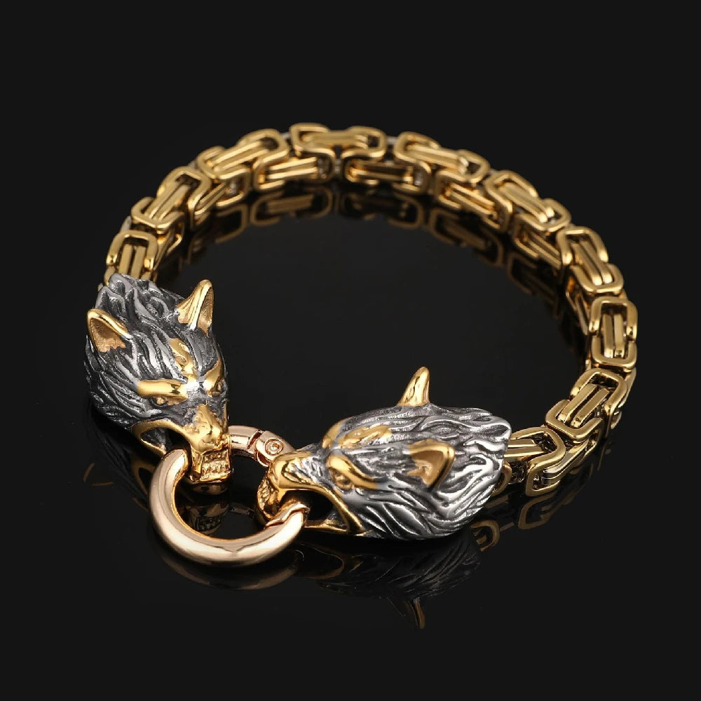 Norse Wolf Head Bracelet – Stainless Steel Byzantine Chain
