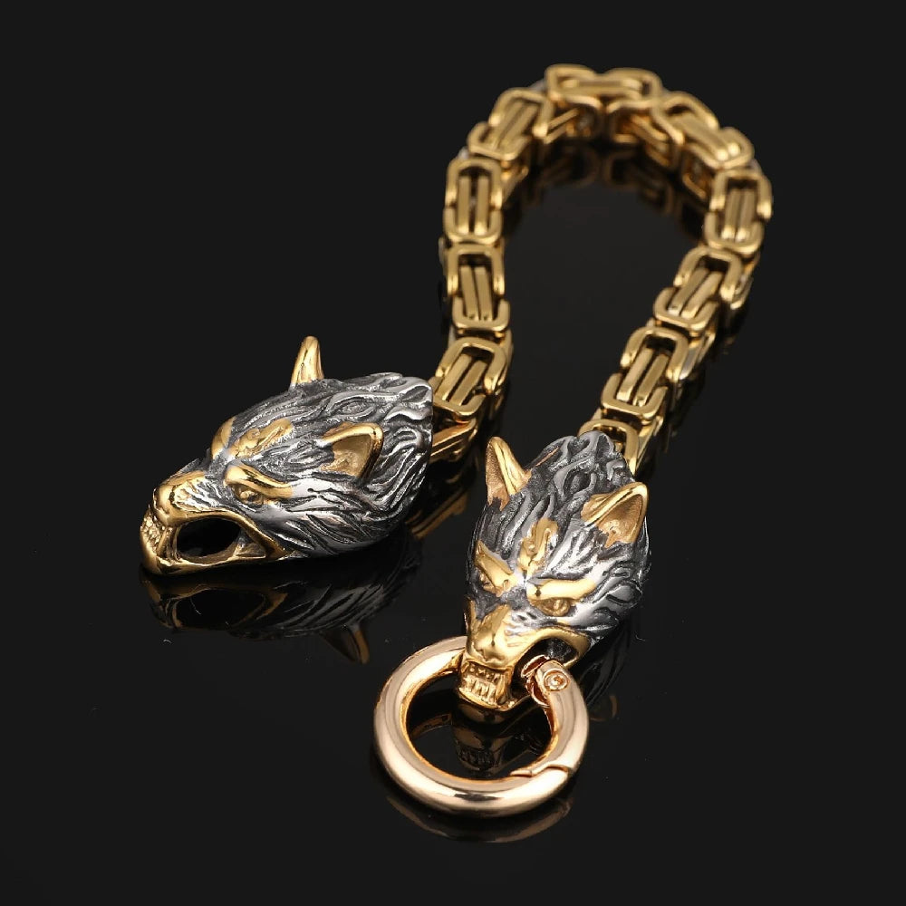 Norse Wolf Head Bracelet – Stainless Steel Byzantine Chain