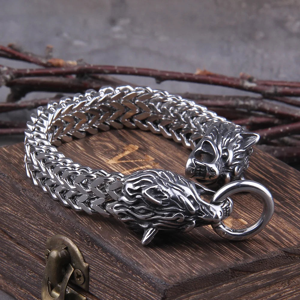 Viking Wolf Head Bracelet – Stainless Steel Franco Chain