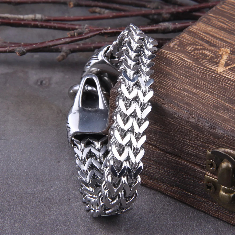 Viking Wolf Head Bracelet – Stainless Steel Franco Chain
