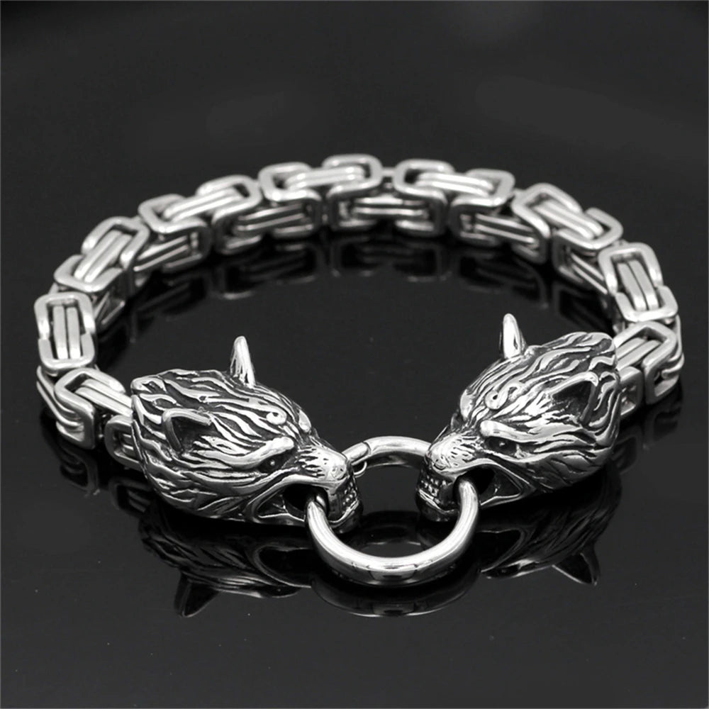 Norse Wolf Head Bracelet – Stainless Steel Byzantine Chain