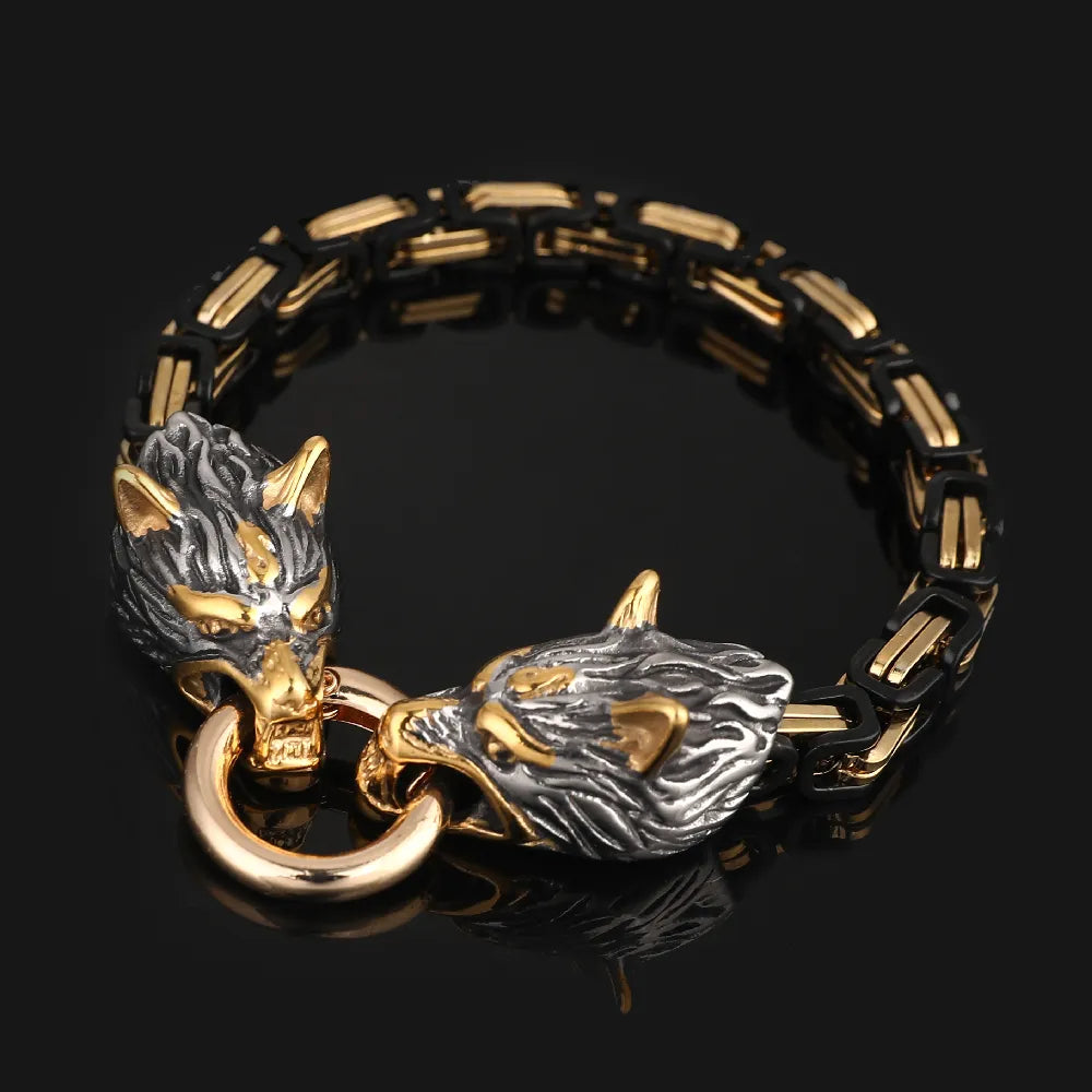 Norse Wolf Head Bracelet – Stainless Steel Byzantine Chain