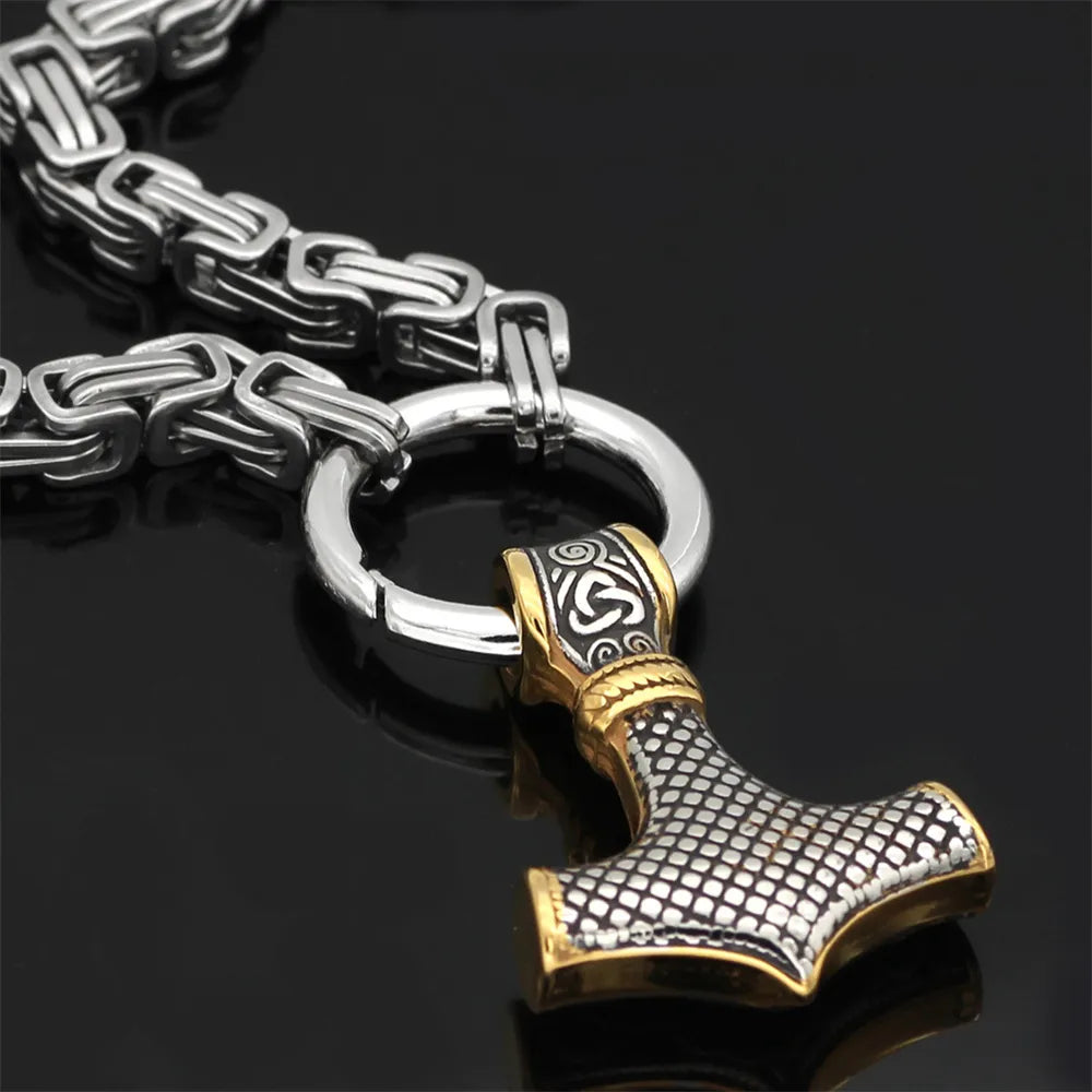 Mjolnir and Twin Wolf Heads King Chain Necklace – Stainless Steel