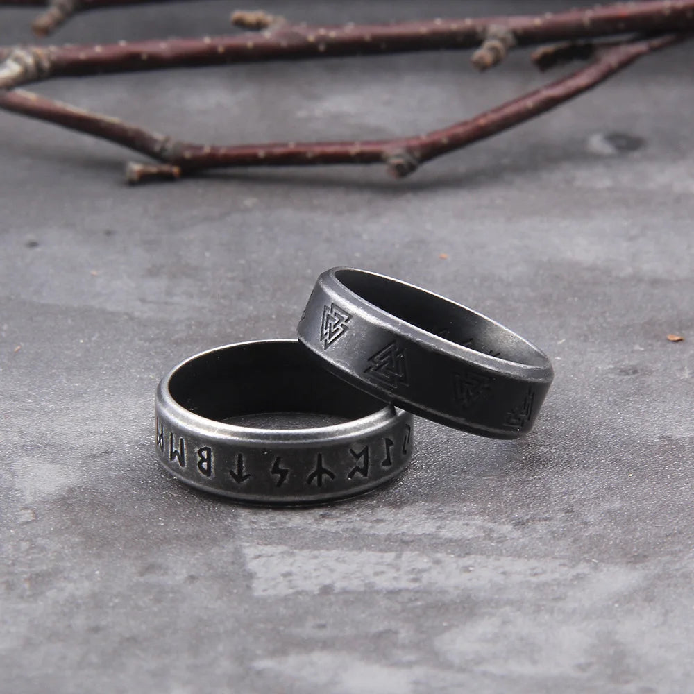 Norse Rune and Valknut Band Ring – 316L Stainless Steel