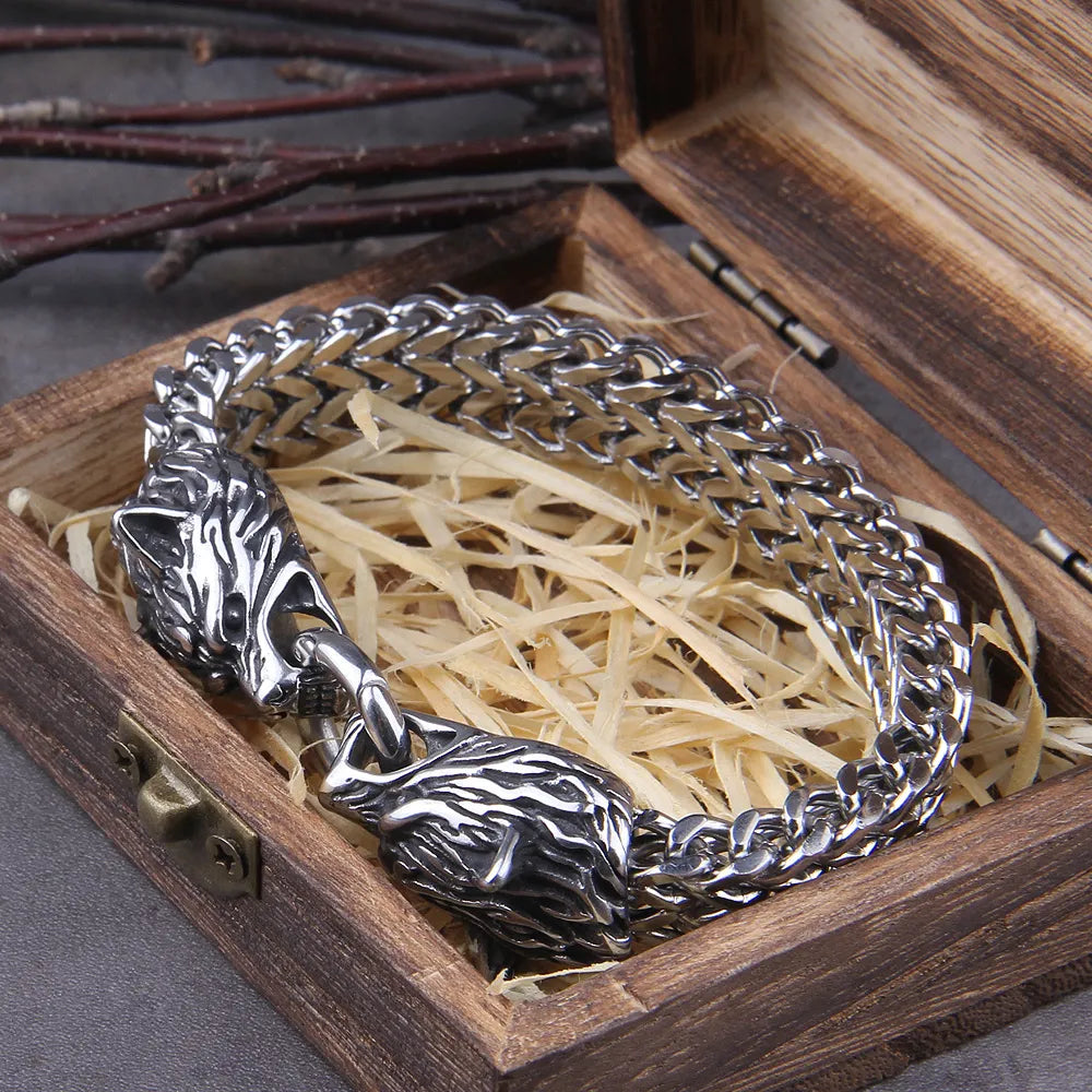 Viking Wolf Head Bracelet – Stainless Steel Franco Chain