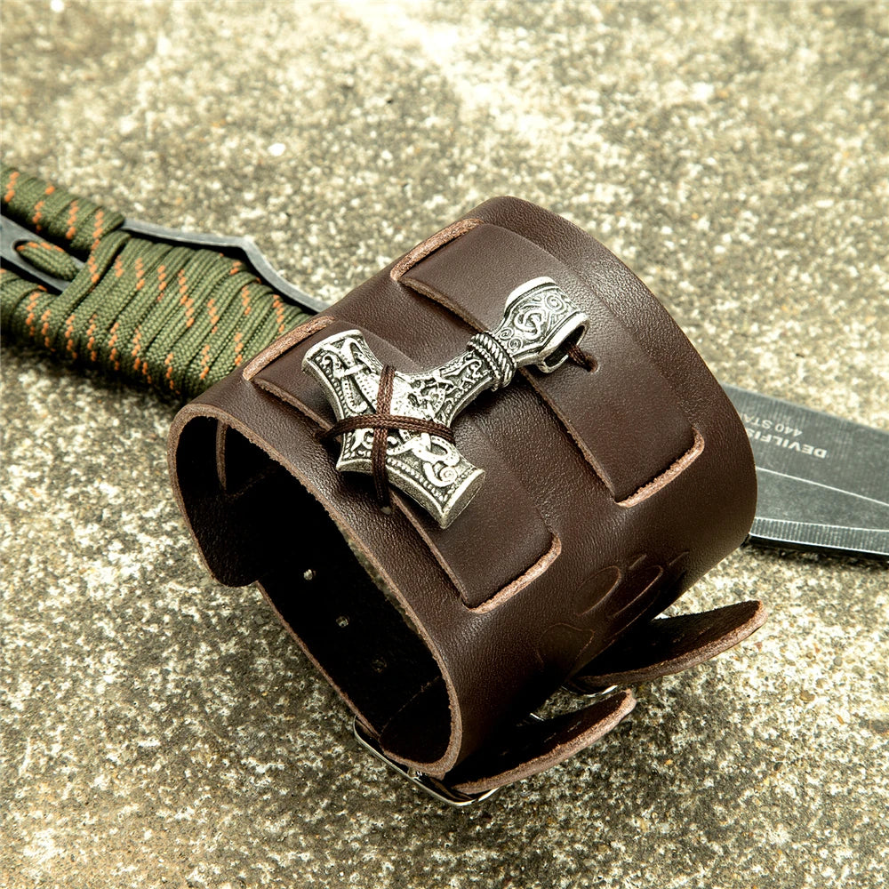 Viking Leather Wrist Bracer – Thor's Hammer Mjolnir