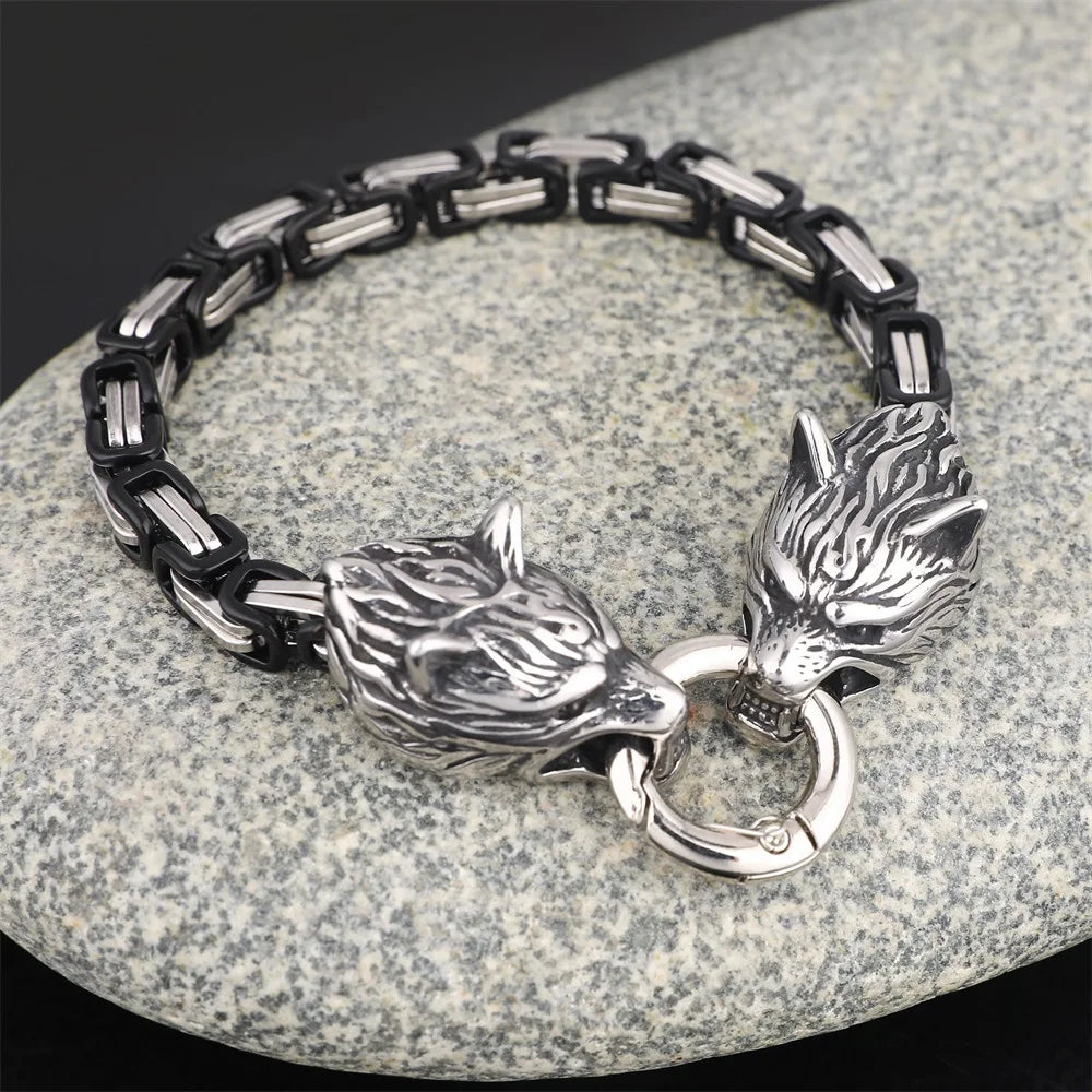 Norse Wolf Head Bracelet – Stainless Steel Byzantine Chain