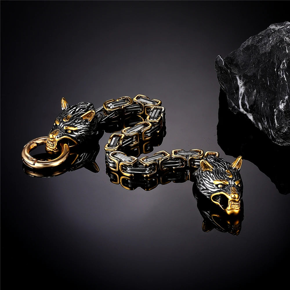 Norse Wolf Head Bracelet – Stainless Steel Byzantine Chain