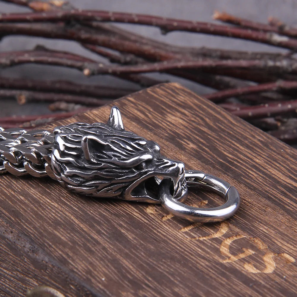 Viking Wolf Head Bracelet – Stainless Steel Franco Chain