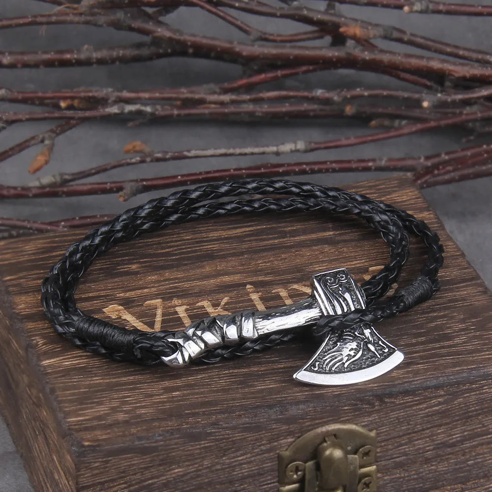 Viking Axe Wrap Bracelet – Braided Leather or Twisted Cord