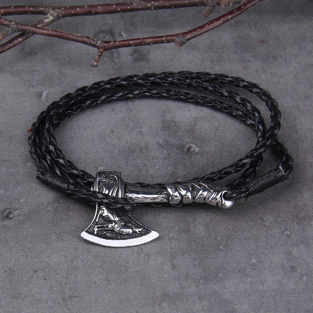 Viking Axe Wrap Bracelet – Braided Leather or Twisted Cord