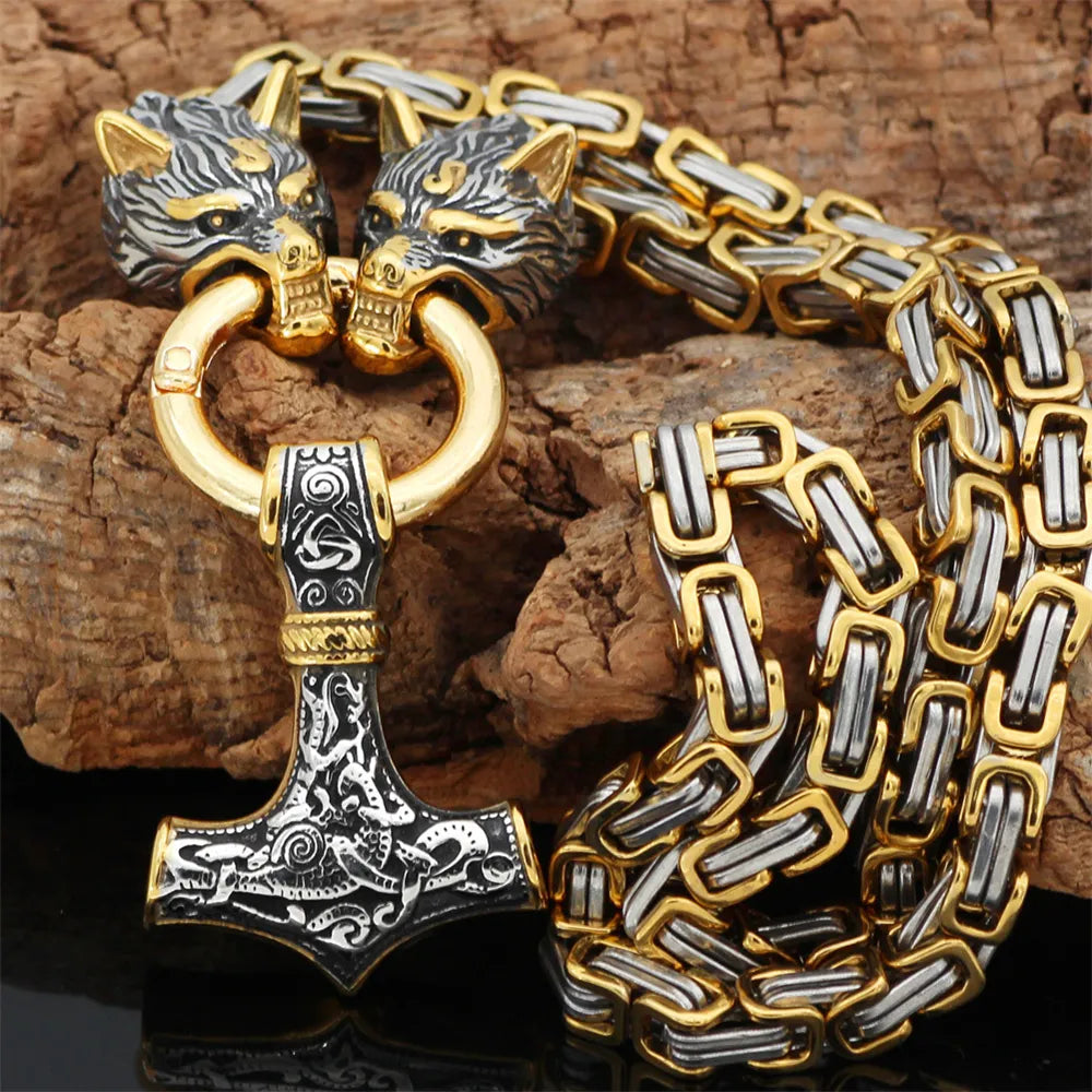 Mjolnir and Twin Wolf Heads King Chain Necklace – Stainless Steel