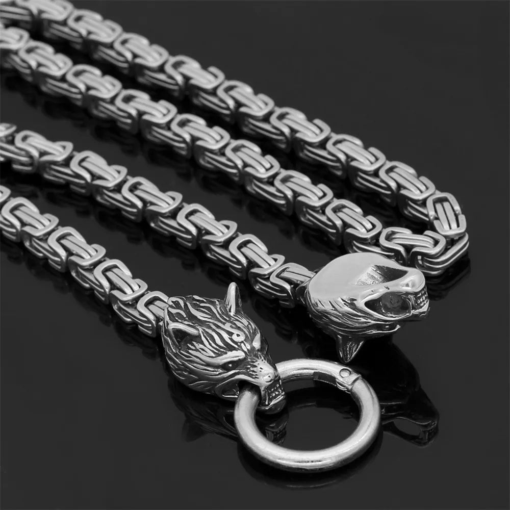 Mjolnir and Twin Wolf Heads King Chain Necklace – Stainless Steel