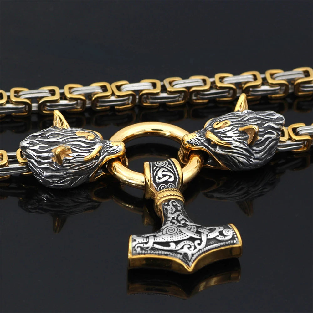 Mjolnir and Twin Wolf Heads King Chain Necklace – Stainless Steel