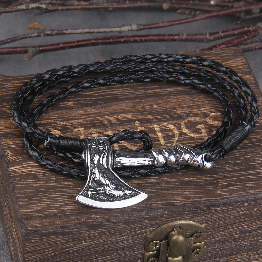 Viking Axe Wrap Bracelet – Braided Leather or Twisted Cord