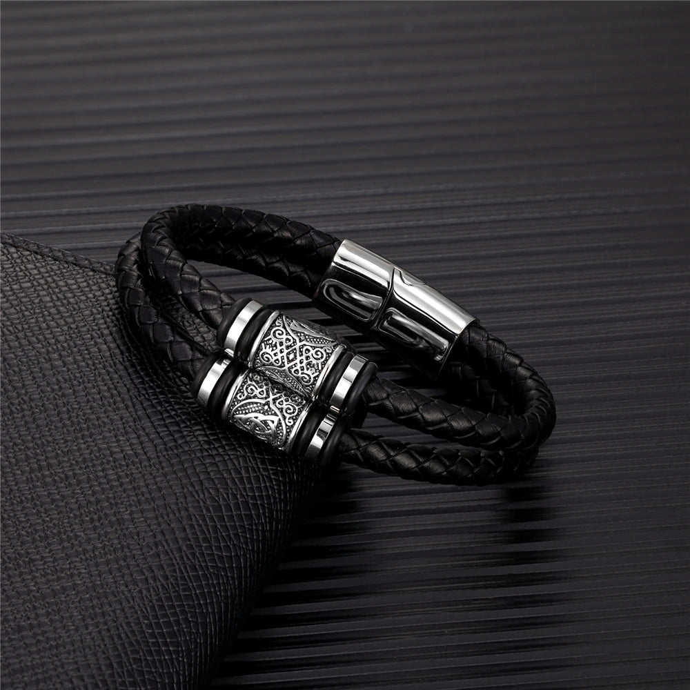 Norse Rune Braided Leather Bracelet – Stainless Steel Beads