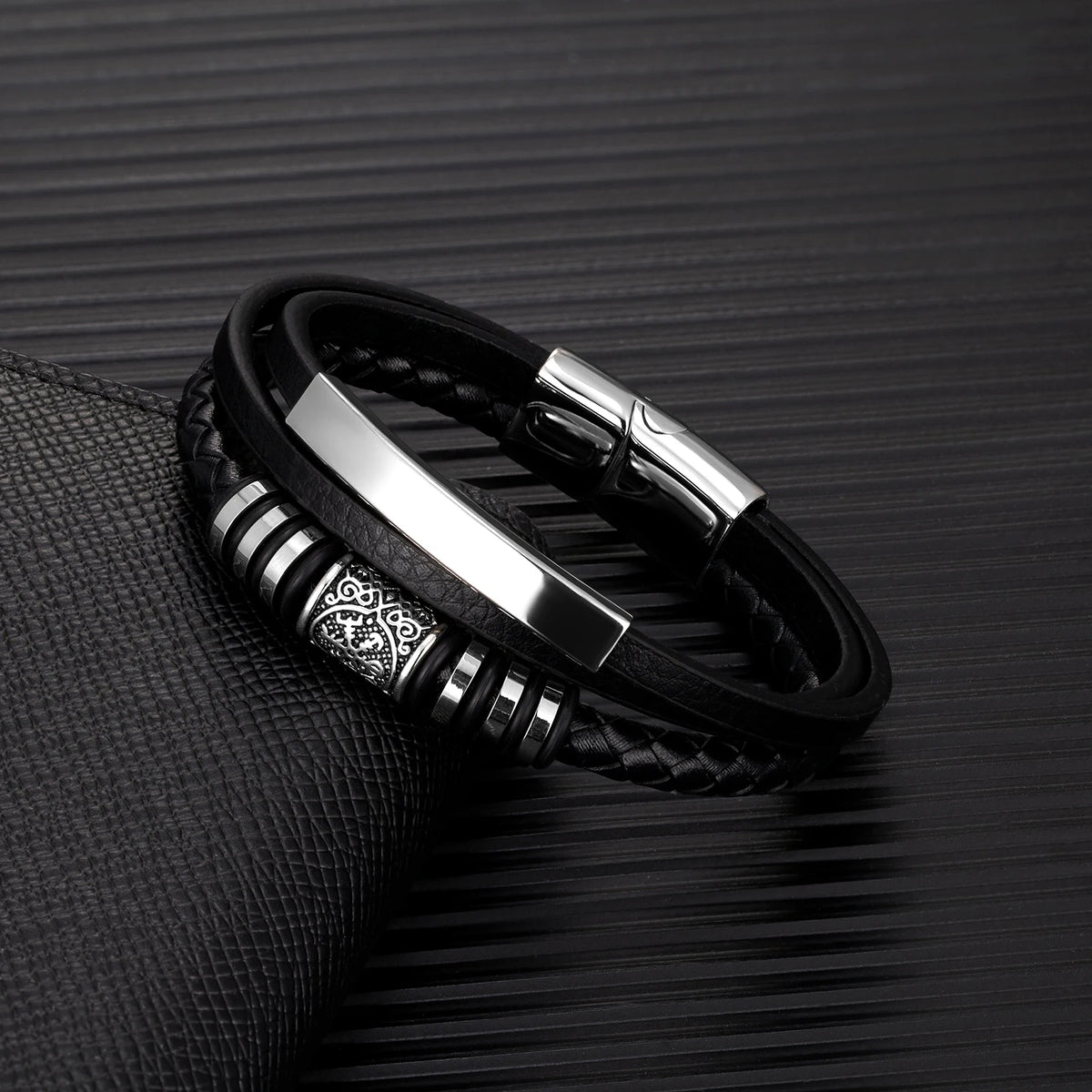 Norse Rune Braided Leather Bracelet – Stainless Steel Beads