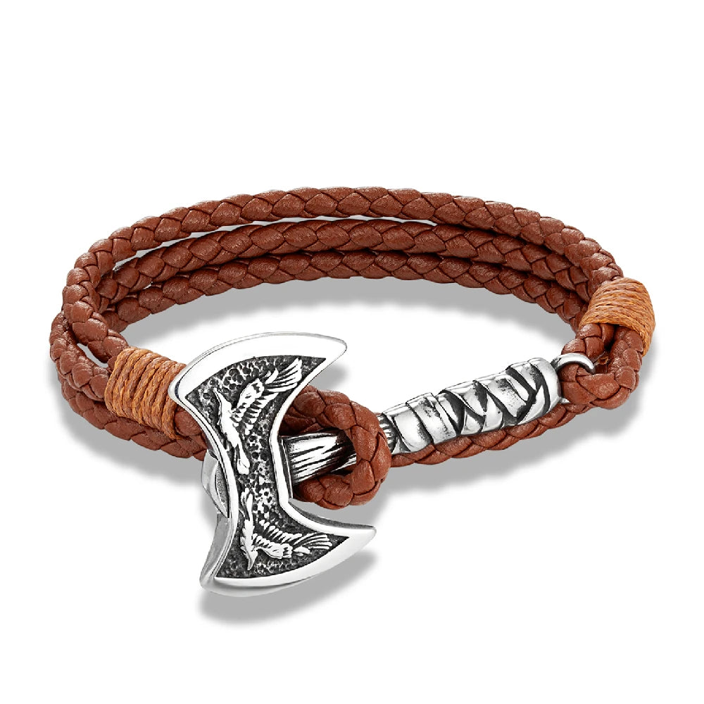Norse Hatchet Leather Wrap Bracelet – Stainless Steel