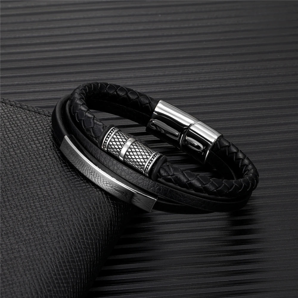Norse Rune Braided Leather Bracelet – Stainless Steel Beads