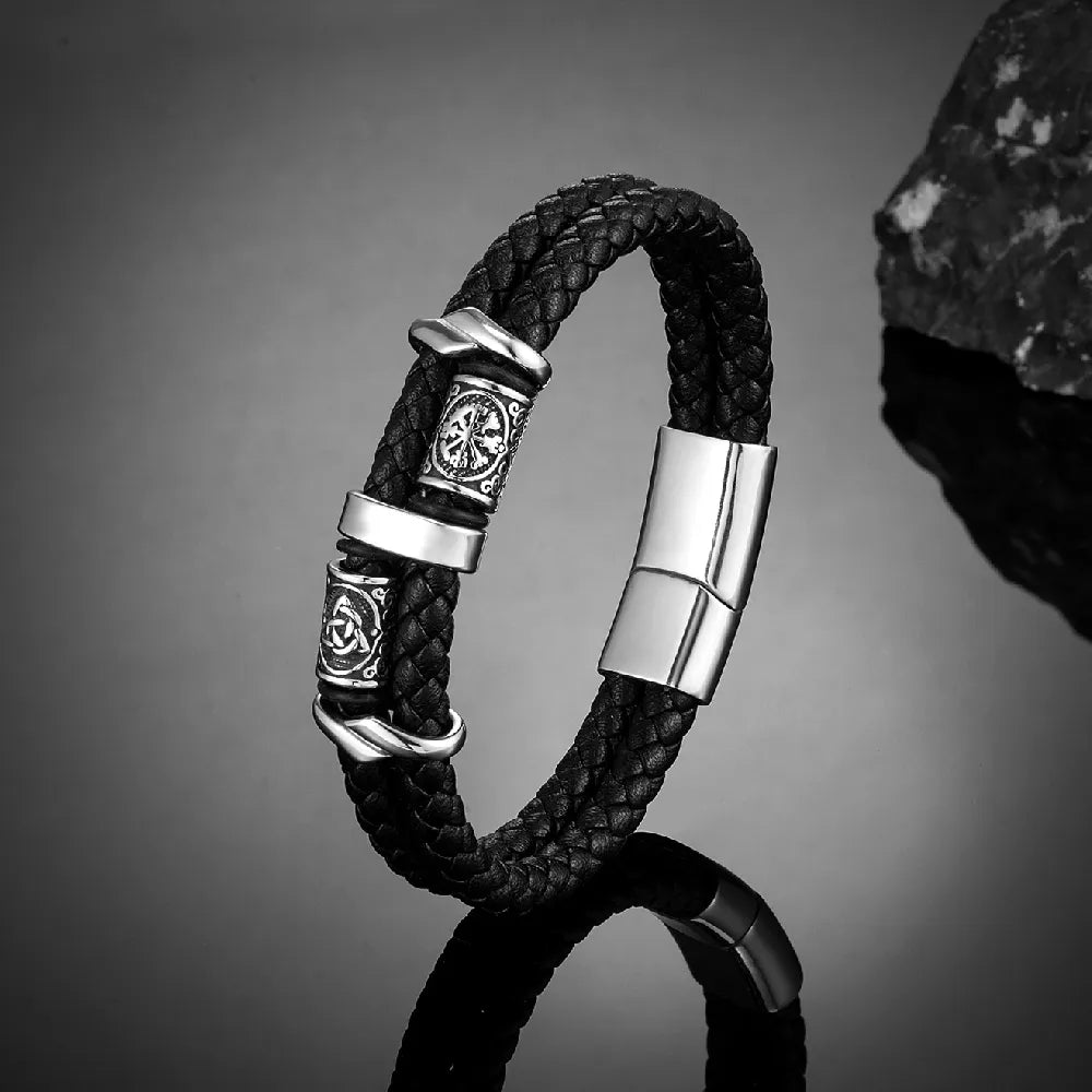 Norse Rune Braided Leather Bracelet – Stainless Steel Beads