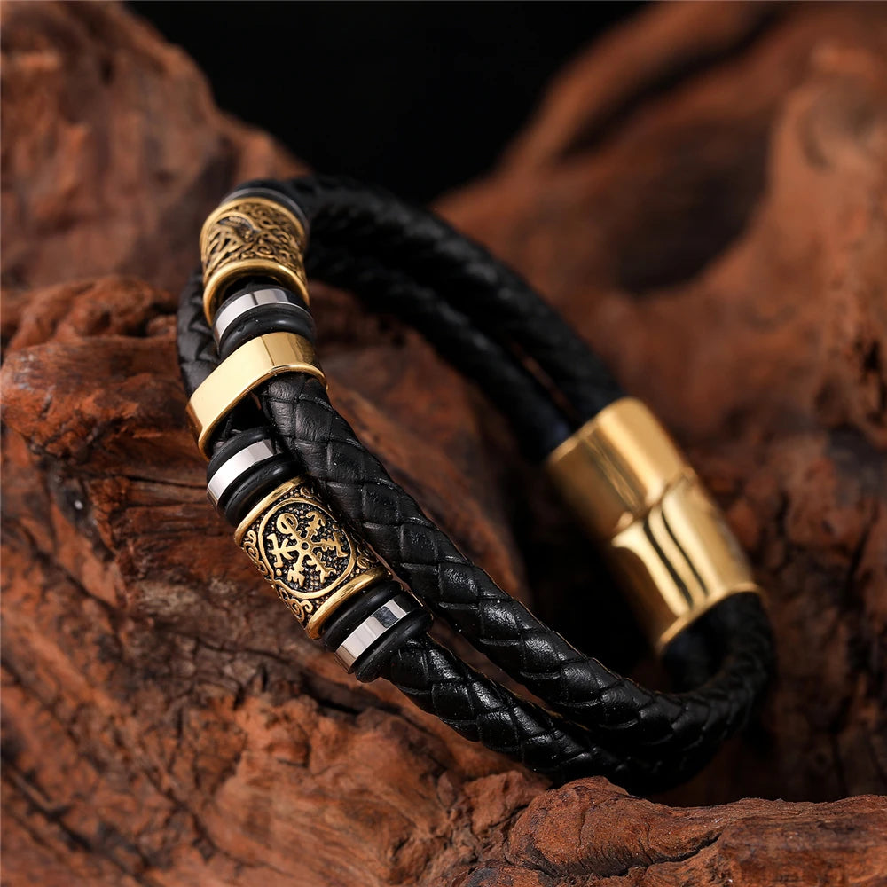 Norse Rune Braided Leather Bracelet – Stainless Steel Beads