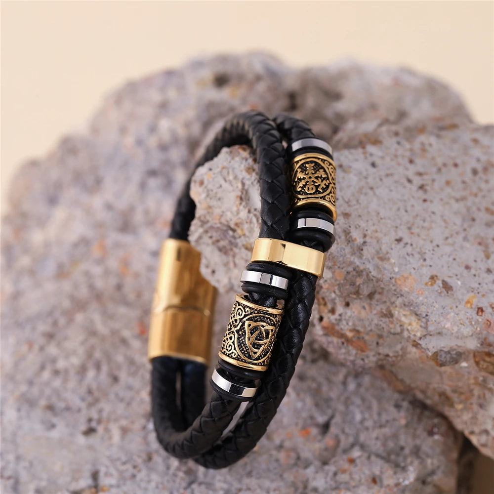 Norse Rune Braided Leather Bracelet – Stainless Steel Beads