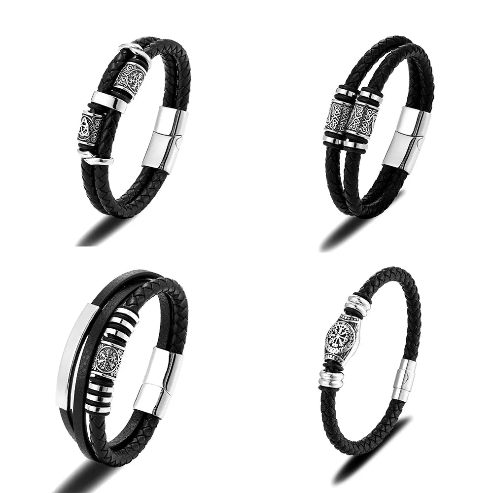 Norse Rune Braided Leather Bracelet – Stainless Steel Beads