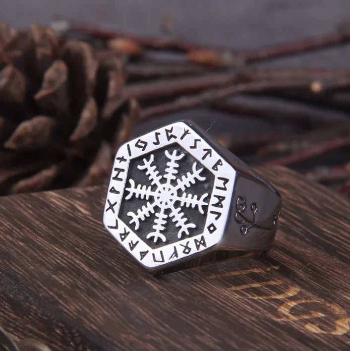 Vegvisir and Helm of Awe Signet Ring – Stainless Steel