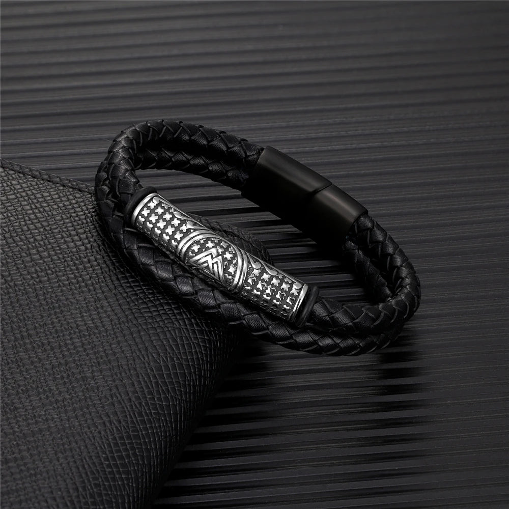 Norse Rune Braided Leather Bracelet – Stainless Steel Beads