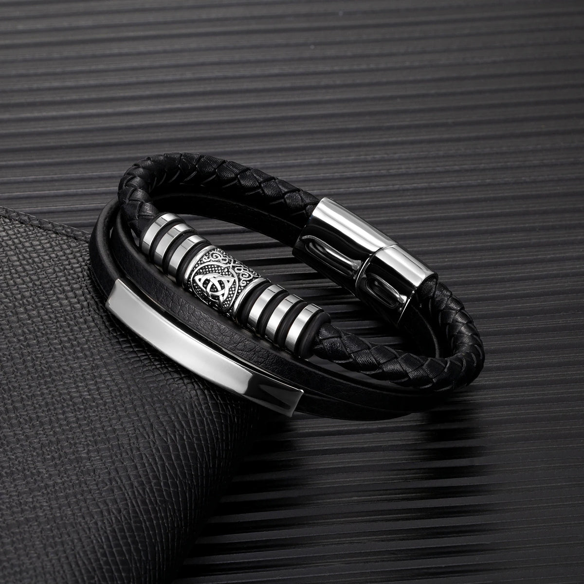 Norse Rune Braided Leather Bracelet – Stainless Steel Beads