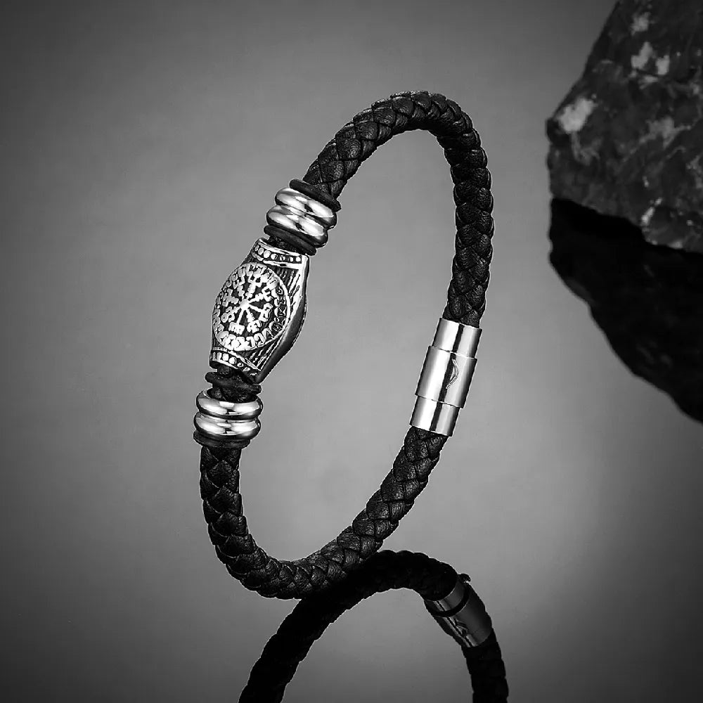 Norse Rune Braided Leather Bracelet – Stainless Steel Beads