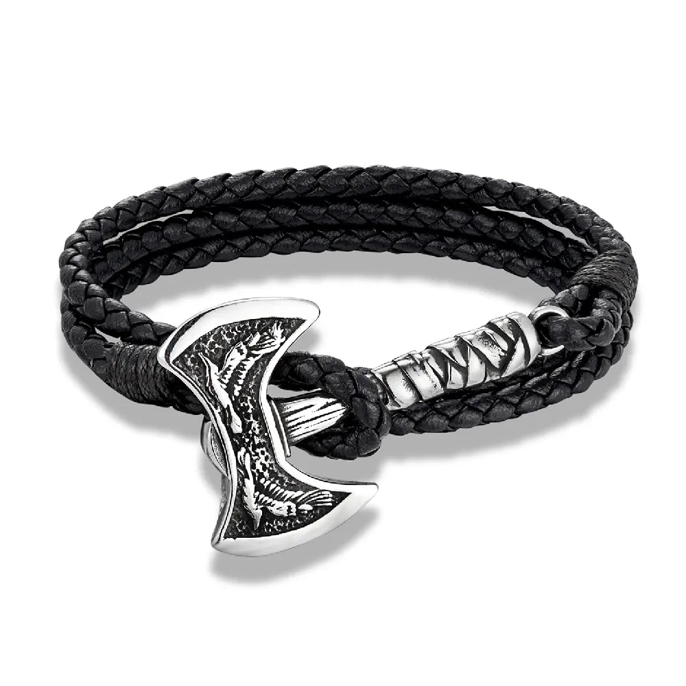 Norse Hatchet Leather Wrap Bracelet – Stainless Steel