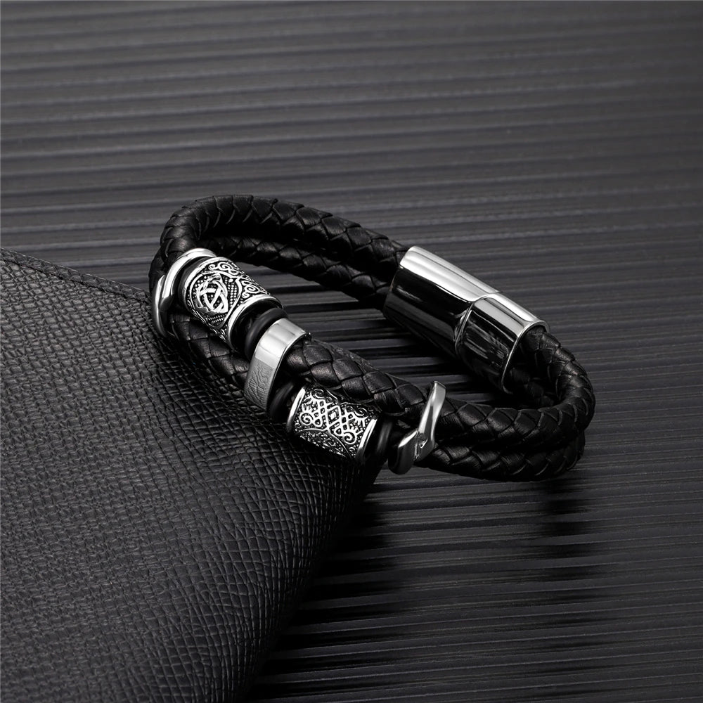 Norse Rune Braided Leather Bracelet – Stainless Steel Beads